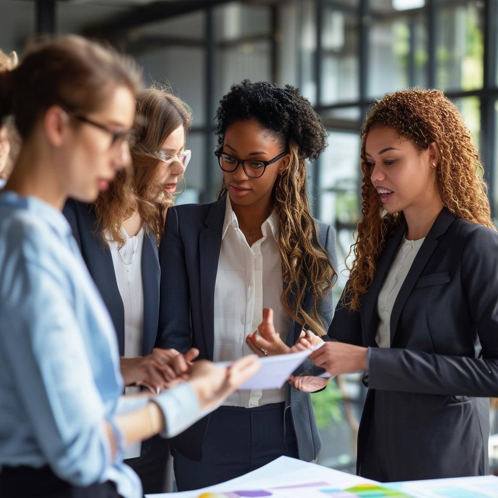 confident diverse group of business professionals dressed in business casual attire standing and collaborating on a group project