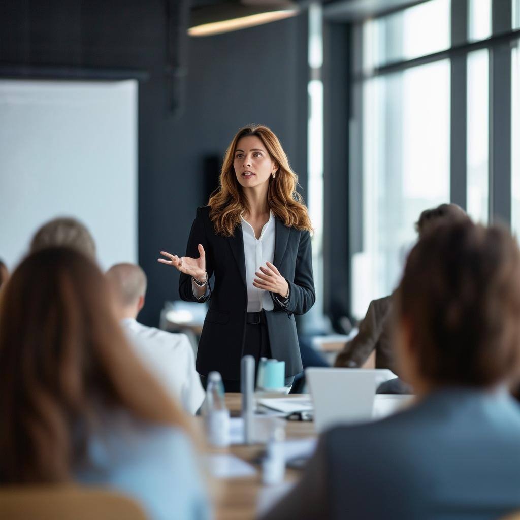 confident female executive explaining the organizational change to a room full of employees