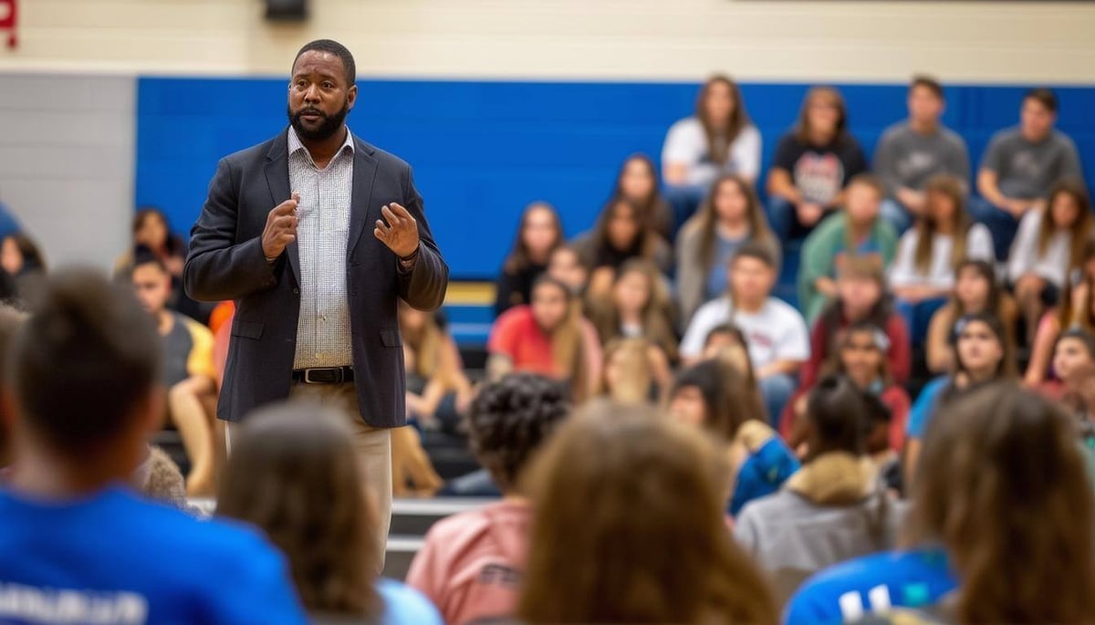 high school vice principal addressing students during an assembly-1