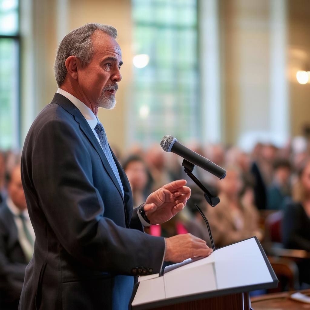 politician delivering speech at town hall meeting