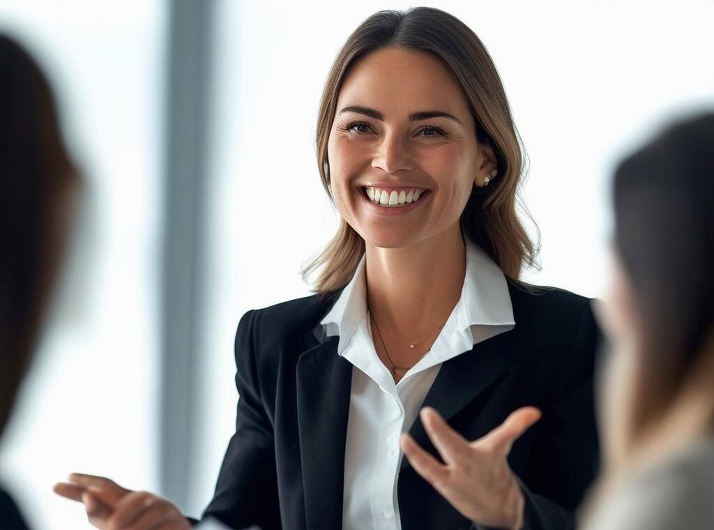 smiling, confident female executive presenting to board of directors-1